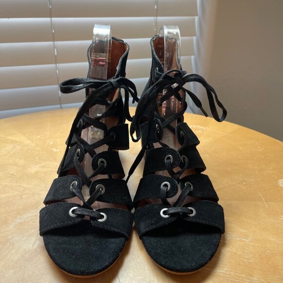 Lucky Brand Genevie Black 8.5M Lace Up Zip Back Cutout Open Toe Chunky Heels - Picture 2 of 9